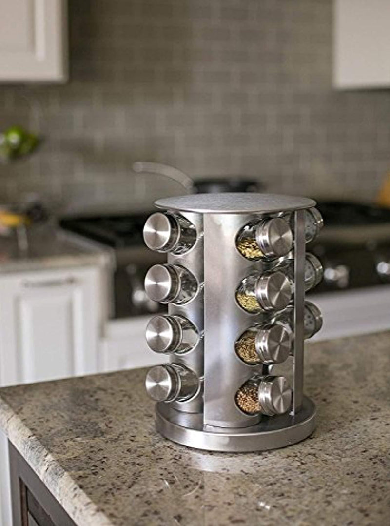 Double2C Revolving Countertop Spice Rack Stainless Steel Seasoning Storage Organization,Spice Carousel Tower for Kitchen Set of 16 Jars