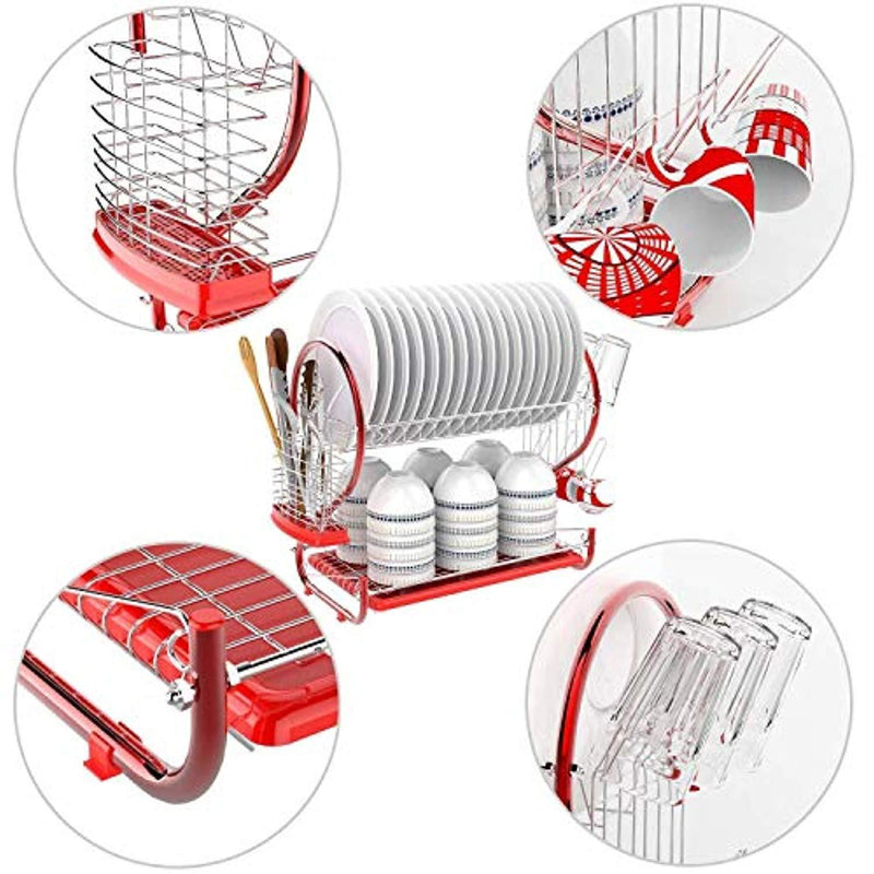 dtemple 2 Tier Dish Stainless Steel Drying Kitchen Storage, Red S Shape Dish Drainer Rack