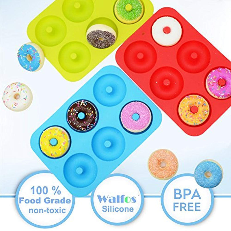 WALFOS 3 Pack Food Grade Silicone Donut Pan Molds,Non-Stick Safe Baking Pans for Full Size Perfect Shaped Doughnuts-Cake Biscuit Bagels -BPA Free,Dishwasher, Oven, Microwave, Freezer Safe