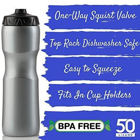 Swig Savvy  50 Strong Brand Jet Stream Sports Squeeze Water Bottle with One-Way Valve - Team Pack – Set of 6 Leak Proof Squirt Waterbottles - 28 Ounces -Perfect for Bikes - Made in USA