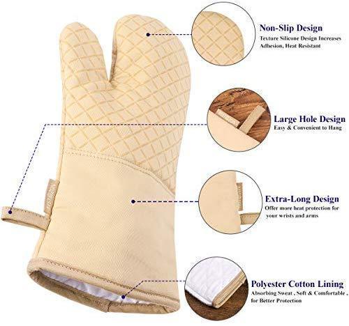 KES Kitchen Oven Mitts Set, Oven Mitts and Pot Holders, Heat Resistant with Quilted Cotton Lining, Non-Slip Surface 4 Pieces for Cooking, Baking, Grilling, Barbecue (Gray)