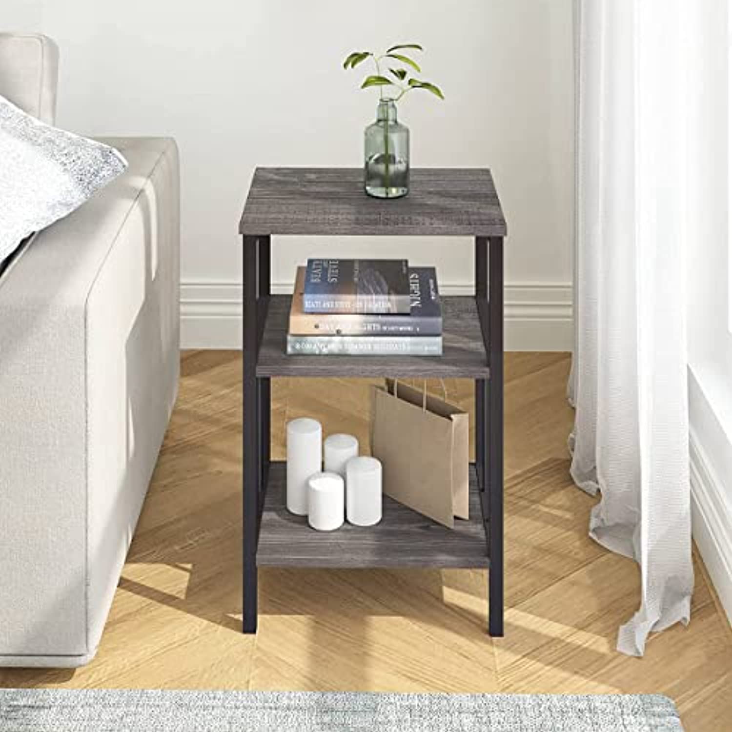 Topeakmart Industrial 3-Tier End Table – Wooden Nightstand, MDF & Iron, Square, 16x16x24.5 Inch, Indoor Living Room Bedroom