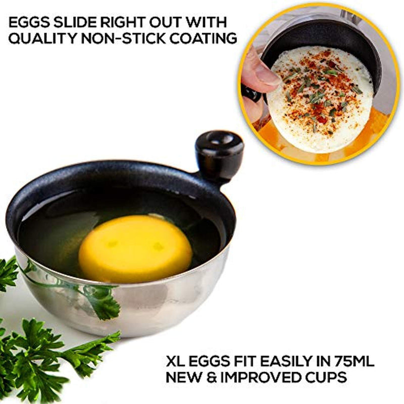 Eggssentials Poached Egg Maker - Nonstick 4 Egg Poaching Cups - Stainless Steel Egg Poacher Pan FDA Certified Food Grade Safe PFOA Free With Bonus Spatula