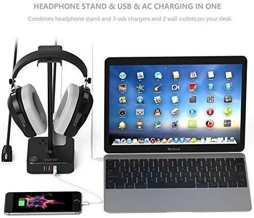 Headphone Stand with USB Charger COZOO Desktop Gaming Headset Holder Hanger with 3 USB Charger and 2 Outlets - Suitable for Gaming, DJ, Wireless Earphone Display (Black)