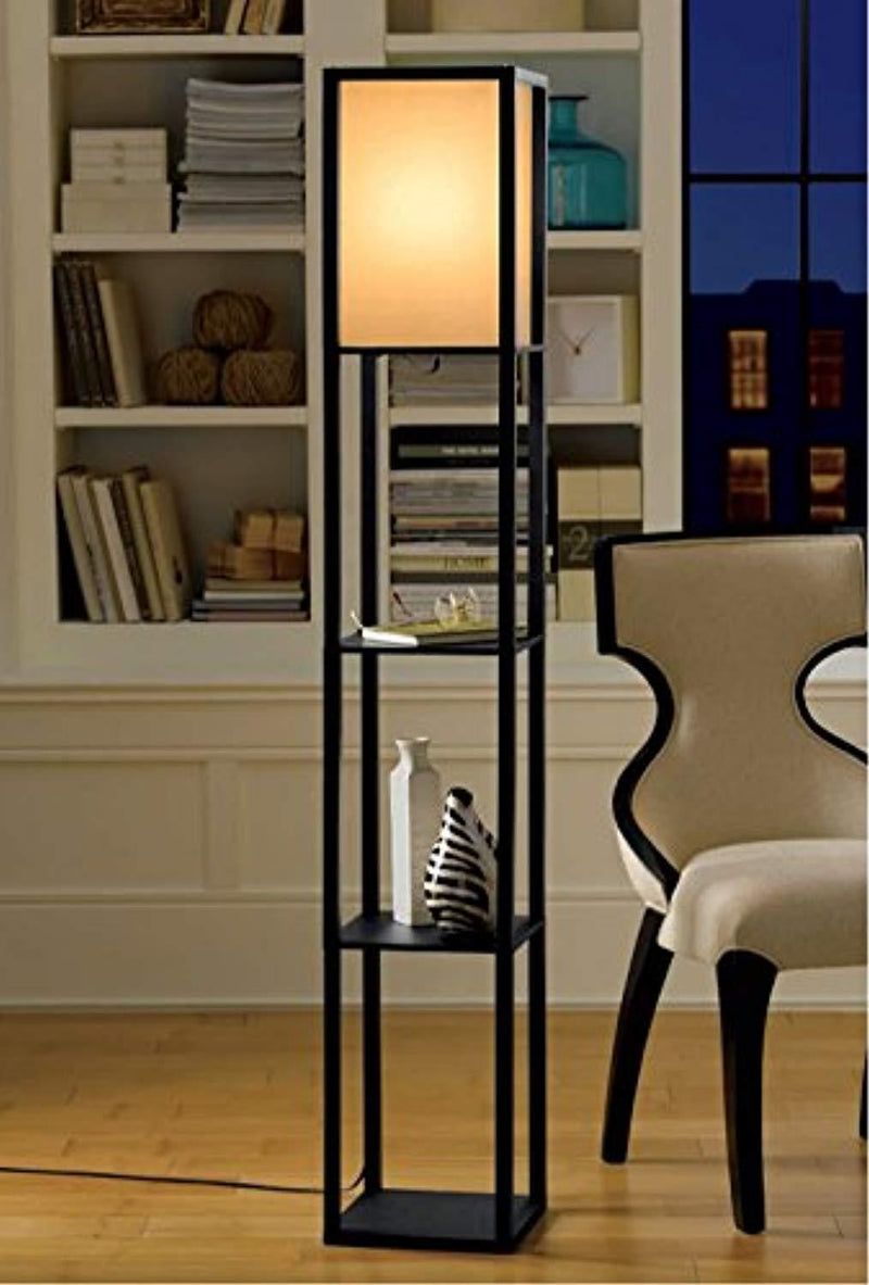 Light Accents Floor Lamp 3 Shelf Standing Lamp 63" Tall Wood with White Linen Shade (Black)