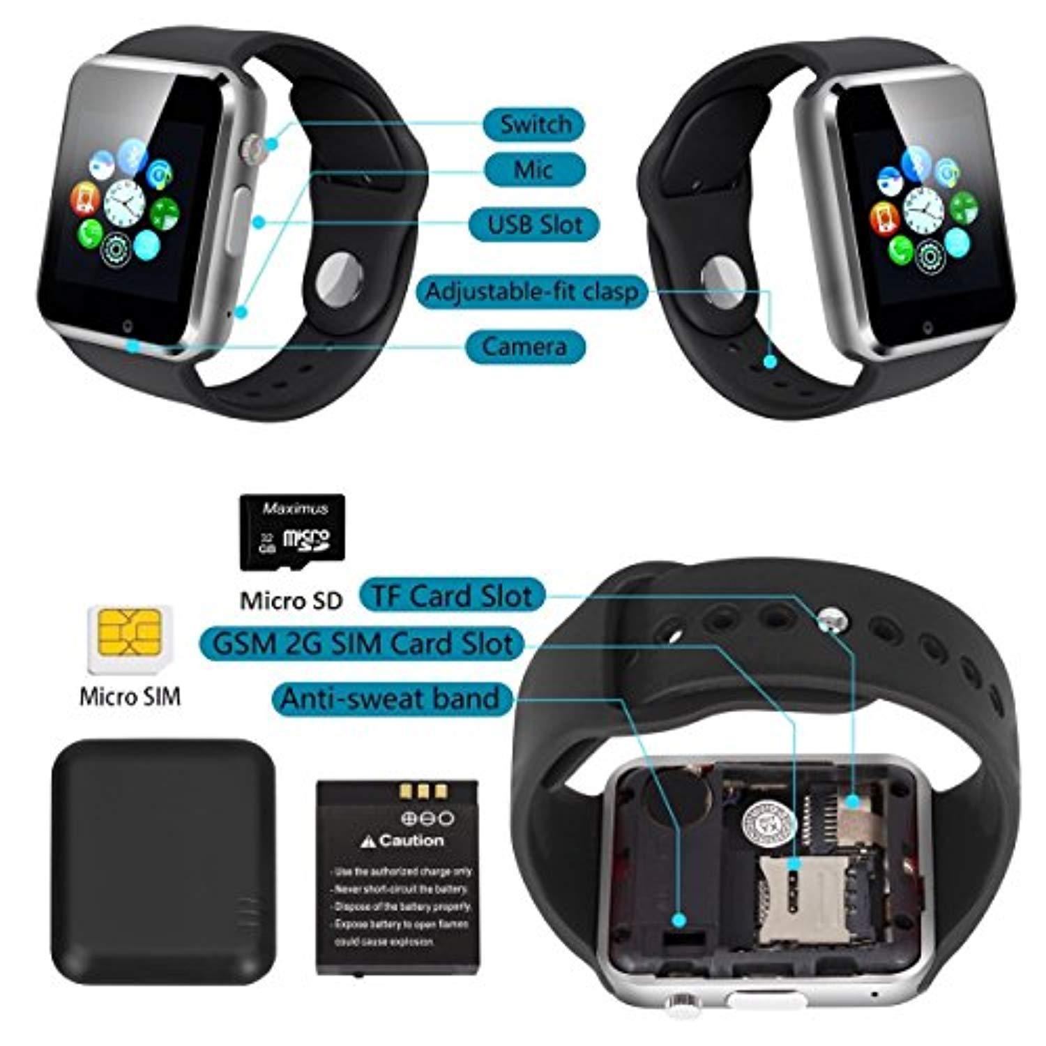 Bluetooth Smart Watch - Wzpiss Smartwatch Touch Screen Wrist Watch with Camera/HCM Card Slot Compatible with iOS iPhones Android Samsung for Kids Women and Men (Black)