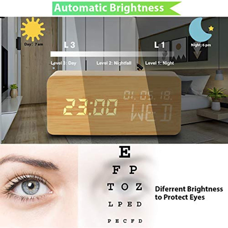 Luckymore Alarm Clock,Wood Alarm Clock Digital Clock LED Small Desk Clock Voice Command Beside Wooden Clock Modern Decoration Mini Alarm Clocks 3 Alarms 3 Level Brightness Show Time Date Week