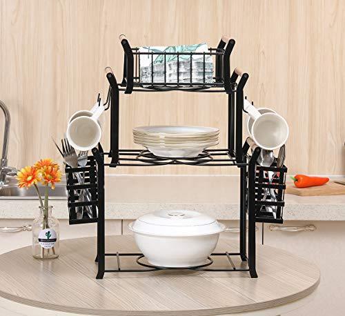 TQVAI 2 Tier Buffet Caddy with Mug Holder for Plates, Utensils, Napkins - Ideal for Kitchen, Dining, Entertaining, Parties, Picnics