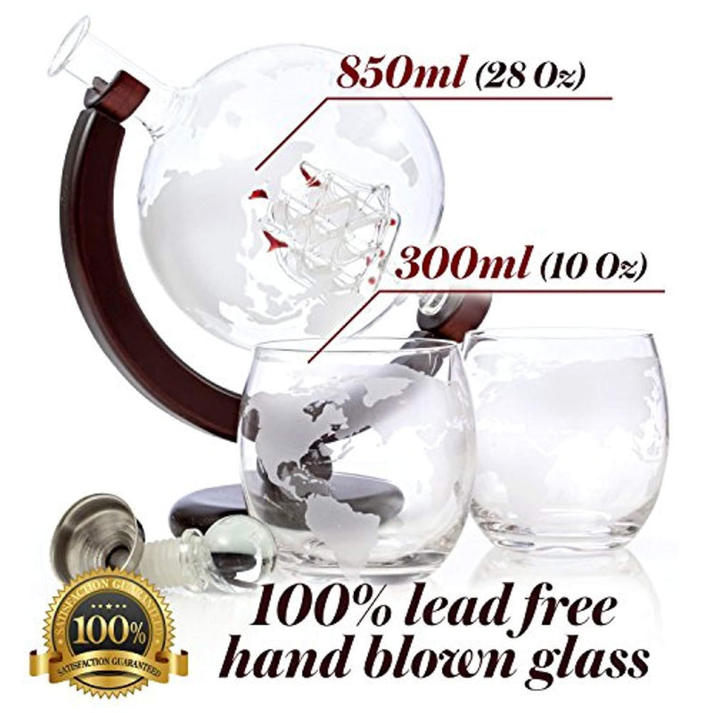 Whiskey Globe Decanter Set - 850 ml with Silicone Ice Molds & Two World Etched Whiskey Glasses (300ml) Wooden Base and Safe Package - Perfect Gift Set for Liquor, Scotch, Bourbon, Vodka and Wine