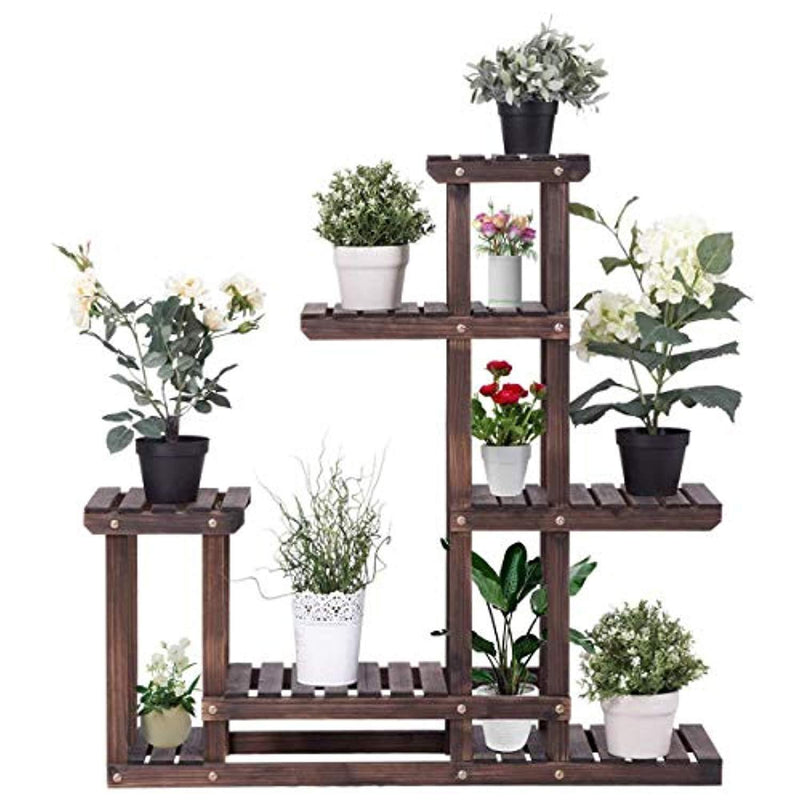 Giantex Flower Rack Plant Stand Multi Wood Shelves Bonsai Display Shelf Indoor Outdoor Yard Garden Patio Balcony Multifunctional Storage Rack Bookshelf W/Hollow-Out Rack (6 Wood Shelves 10 Pots)