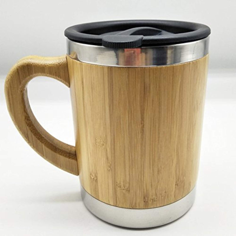 OsirisCo Stainless Steel Wooden Coffee-Tea Mug with Handle and Lid, Environmentally Healthy Natural Bamboo 400ml (13.5oz)