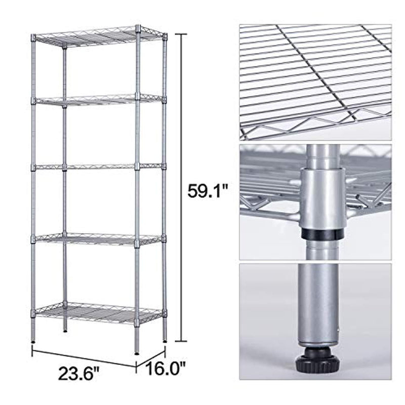 SINGAYE Storage Shelves 5 Tier Shelving Units Heavy Duty Metal Shelves Adjustable Garage Shelf Storage Rack Organizer, 23.6’’ W x 16’’ D x 59.1’’ H (Silver)