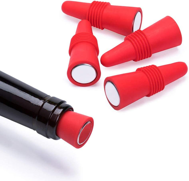 OHMAXHO Wine Stoppers (Set of 5), Silicone Wine Bottle stopper and Beverage Bottle Stoppers, Red