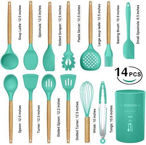 14 Pcs Silicone Cooking Utensils Kitchen Utensil Set - 446°F Heat Resistant,Turner Tongs,Spatula,Spoon,Brush,Whisk. Wooden Handles Gray Kitchen Gadgets Tools Set for Nonstick Cookware (BPA Free)