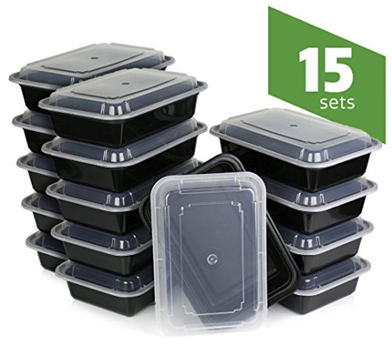 Meal Prep Containers with Lids - 1 Compartment Food Storage Bento Lunch Boxes [15-Pack] - Stackable, Reusable, Microwavable, Dishwasher & Freezer Safe. Rectangle (Black) [38 oz.]