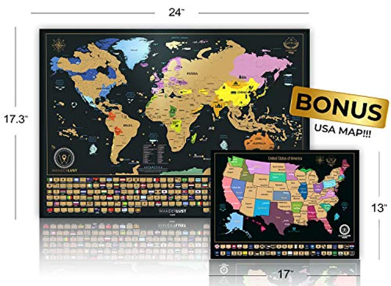 Scratch Off World Map + Premium Scratch Off USA Map - Deluxe Tube Can Be Gift Messaged and Includes Precision Scratch Tool and Travel Memory Stickers, by Wanderlust Maps