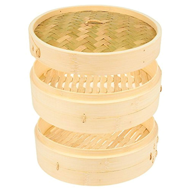 Natural Bamboo Steamer Basket - 3 Piece Set Dim Sum Bamboo Steamers, Great for Asian Cooking, Buns, Dumplings, Vegetables, Fish, 10 x 6.2 x 10 Inches