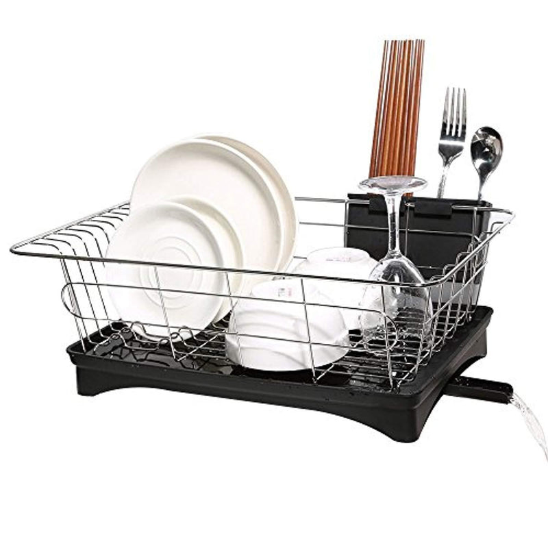 Dish Drying Rack, Stainless Steel Dish Drainer and Tray with Black Rustproof Drainboard Set for Small Kitchen Counter Utensil Holder Beside the Sink by ALLCR