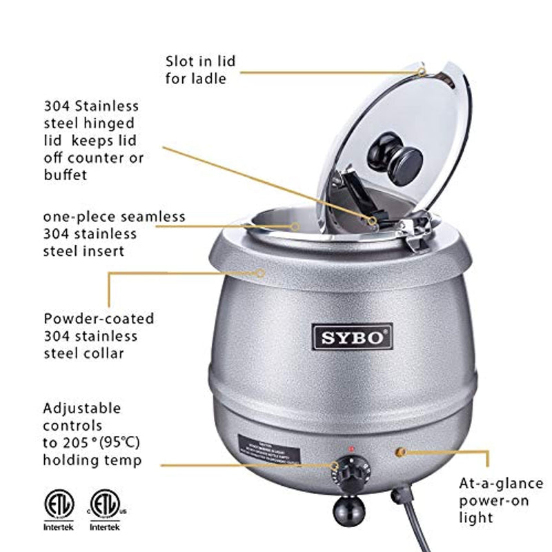 Sybo 10.5 Quart Electric Soup Warmer Commercial Crock Pot w/ Hinged Lid,  Silver