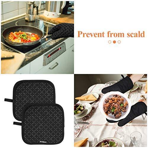 KES Kitchen Oven Mitts Set, Oven Mitts and Pot Holders, Heat Resistant with Quilted Cotton Lining, Non-Slip Surface 4 Pieces for Cooking, Baking, Grilling, Barbecue (Gray)