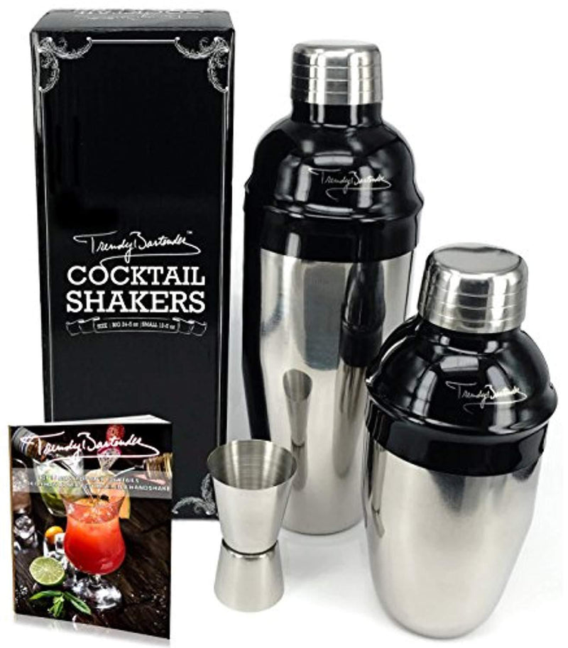 Premium Cocktail Shaker Set – 2 Professional Stainless Steel Martini Shakers (12 Ounce and 24 Ounce) – Built-In Strainer – Double Jigger Included – Bonus Cocktail Recipe eBook (Semi-Black)