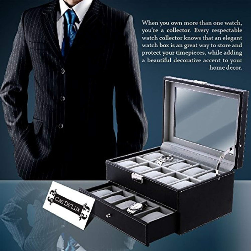 Watch Box Organizer Pillow Case - 20 Slot Luxury Premium Display Cases With Framed Glass Lid Elegant Contrast Stitching Sturdy & Secure Lock for Men and Women Watch & Jewelry Large Holder Boxes Gift