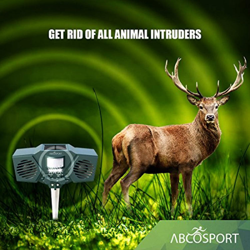 Ultrasonic Solar Animal & Pest Repeller - With 30' Motion Sensor, Flashing LED Light - Pest Control For Raccoon, Cats, Dogs, Deer, Birds - Weather Proof Design - Includes 3 Batteries & USB Cable by Abco Tech