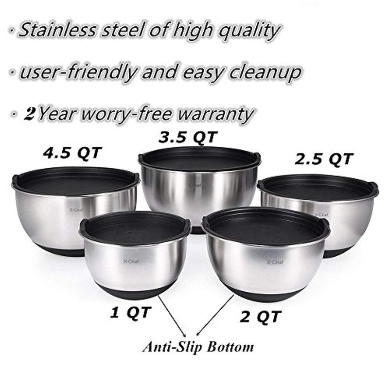 X-Chef Stainless Steel Mixing Bowls Set With 5 Lids and Anti-Slip Bottom, Measurement Marks, Non-Slip, Durable(Set of 5)