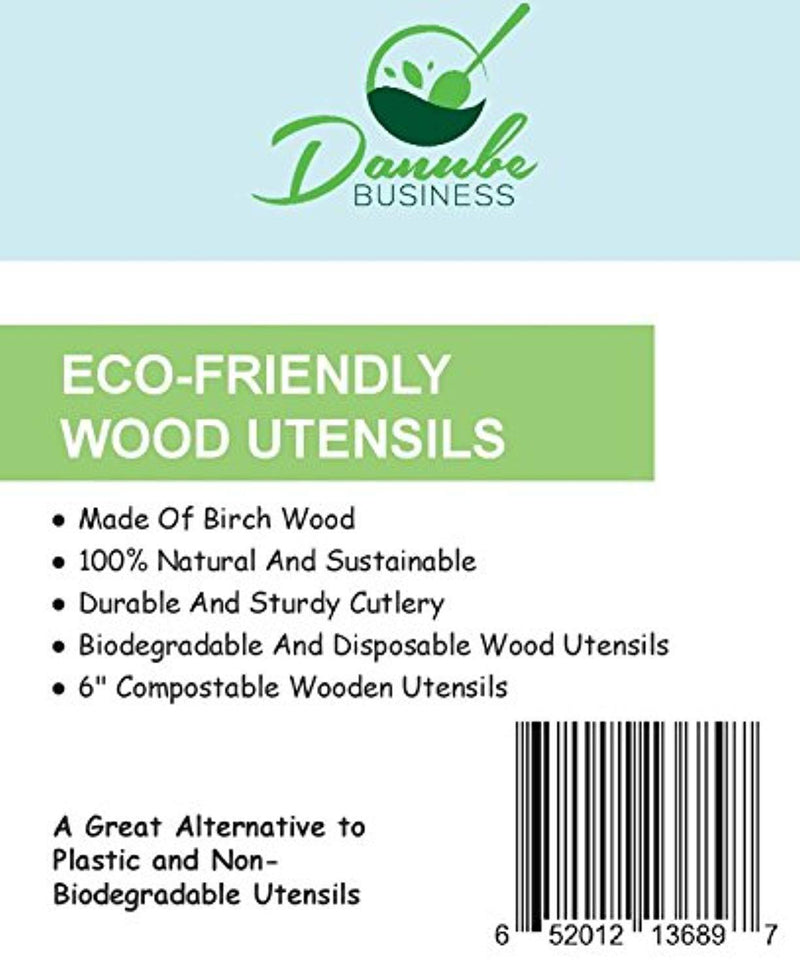 Wooden Disposable Cutlery Set of 300pc, incl. 100 Forks, 100 Spoons, 100 Knives, 6" in Length, Combo Pack, Eco Friendly, Biodegradable, Compostable, 100% Natural Utensils By Danube