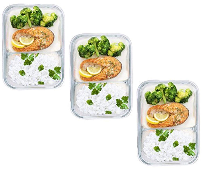 Sale 3 Pack Glass Meal Prep Containers 2 Compartment BPA Free Leakproof Glass Food Storage Containers Airtight Locking Lids Bento Lunch Box Containers Set in Large Insulated Thermal Cooler Lunch Bag