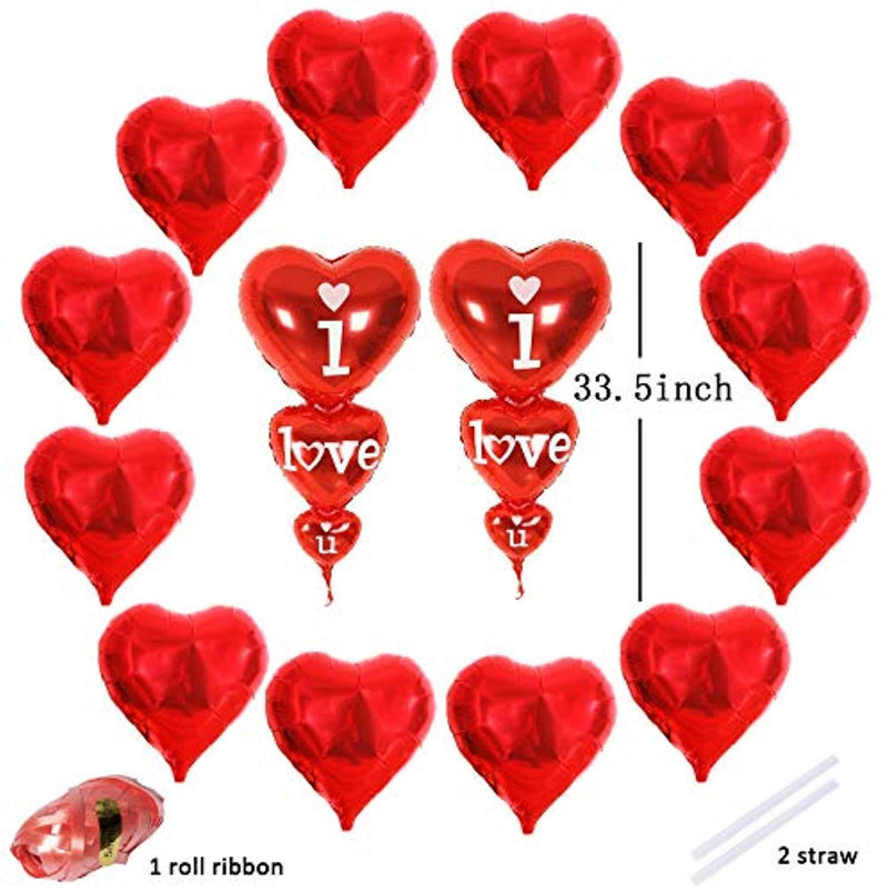 Trooer 12+2 Pack Valentines Day Decorations Heart Shaped Balloons I Love U Balloons, Valentine Wedding Birthday Party Supplies Foil Balloons with Ribbon