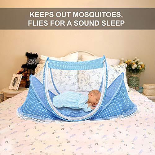 GPCT Foldable Baby Mosquito Travel Net Tent. Includes Mosquito Tent, Pillow, Mattress, Music Box, Mesh Bag. Keeps Insects Out. Portable Sun Shelters Infant Toddlers Children Beach Travel Crib- Blue