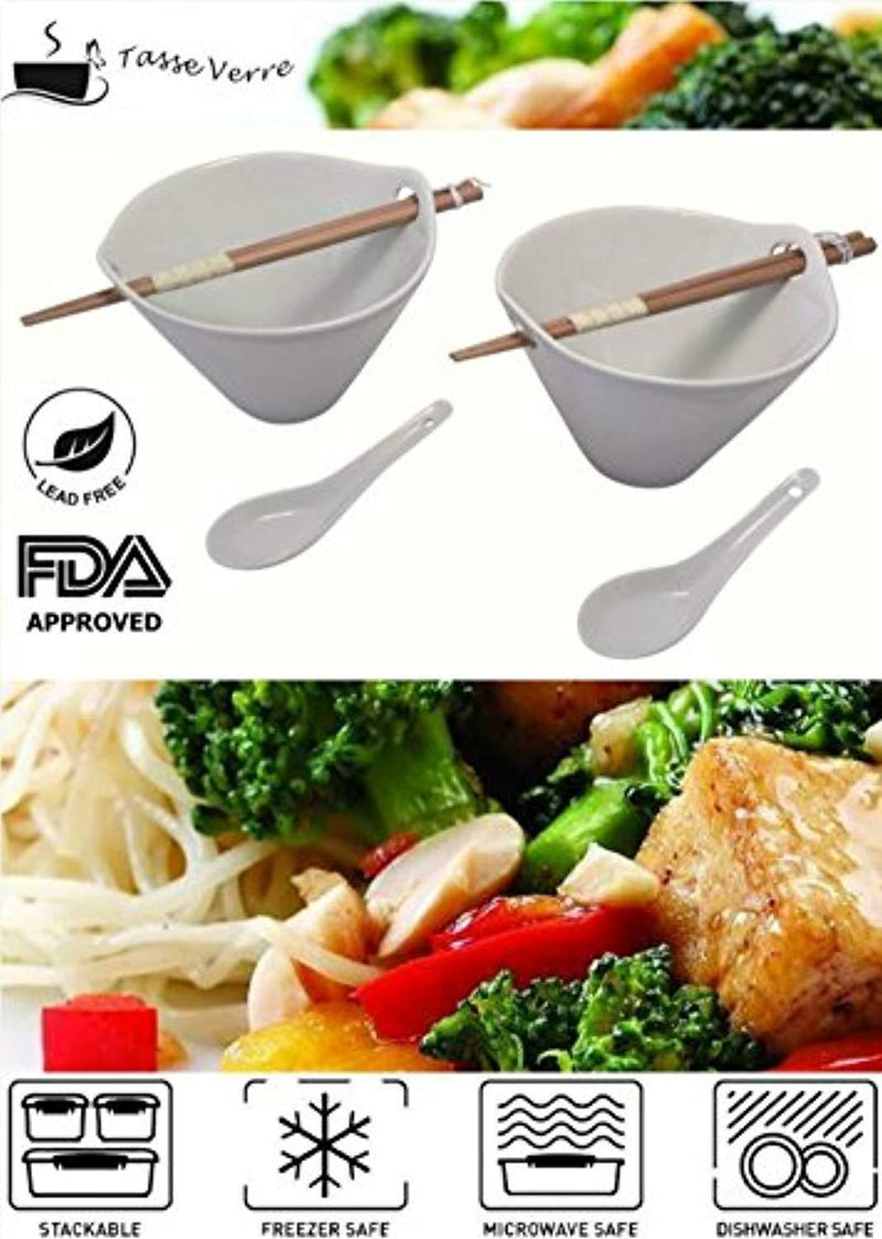 Tasse Verre Porcelain Ramen Noodle Soup Bowl with Bamboo Chopsticks and Ceramic Spoon (20 Ounce Bowl)- White - 2-Pack