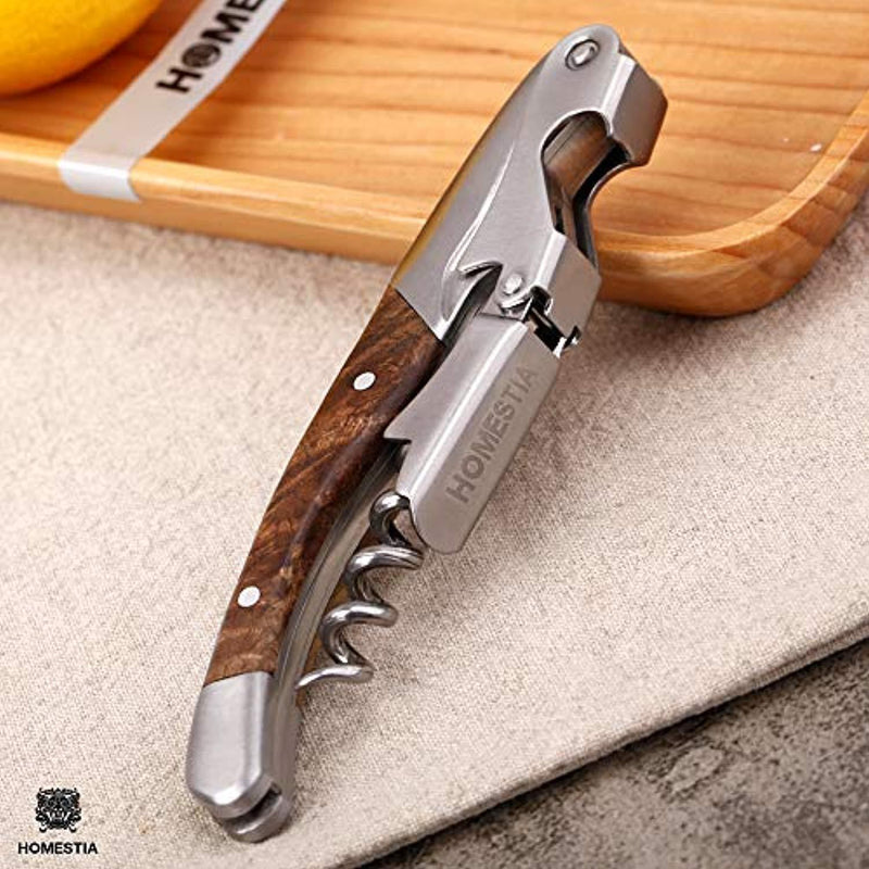 Waiters Corkscrew Stainless Steel 3-in-1 Wine Bottle Opener Double Hinged Wine Key Burl Wood Handle, Foil Cutter, Corkscrew Worm, Cap Opener by Homestia