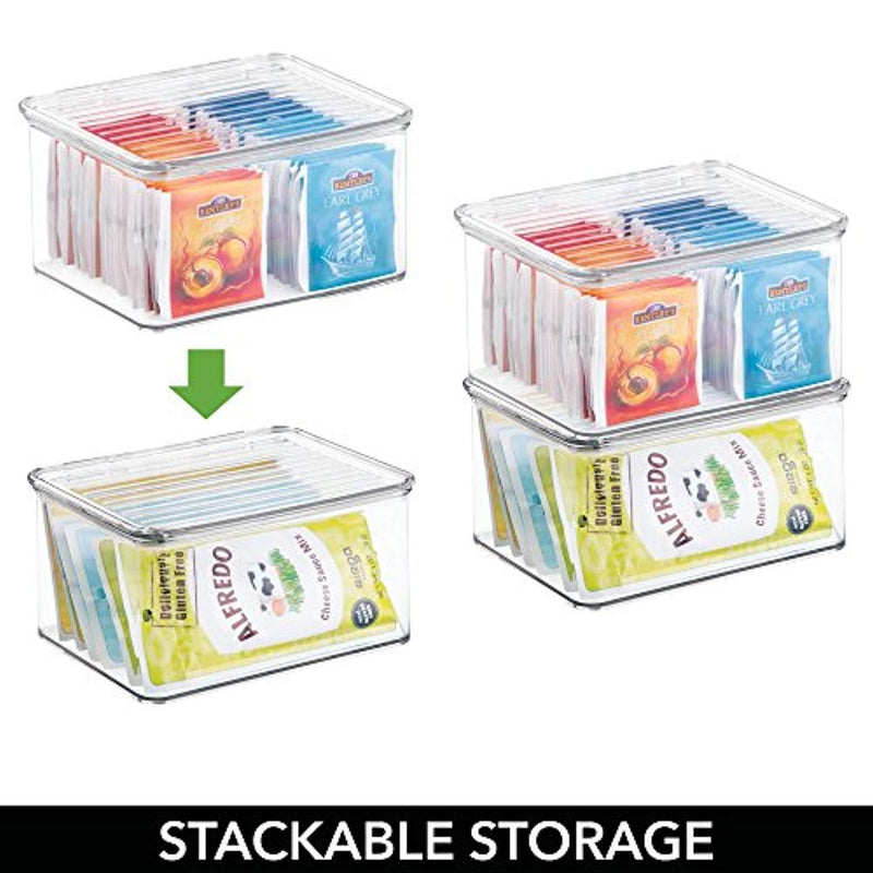 mDesign Stackable Kitchen Pantry Cabinet or Refrigerator Storage Bin with Attached Hinged Lid - Compact Food Storage Organizer for Coffee, Tea and Food Packets, Snacks - BPA Free, Pack of 3, Clear