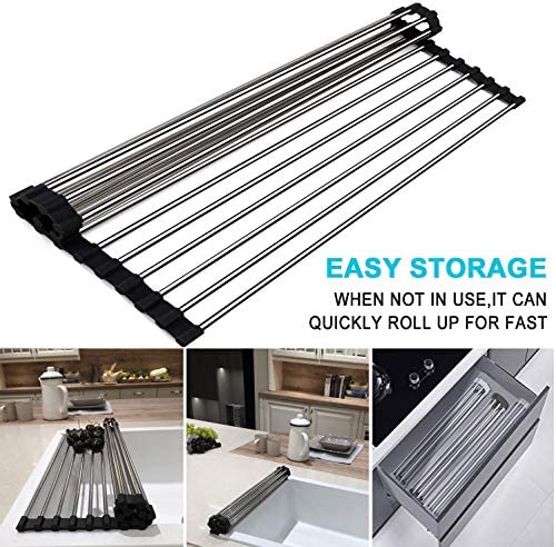 Miligore Dish Drying Rack Over The Sink Roll Up Stainless Steel Silicone Coated Multipurpose Foldable Kitchen Dish Drainer Rack 17.8" x 11.3" (Black)
