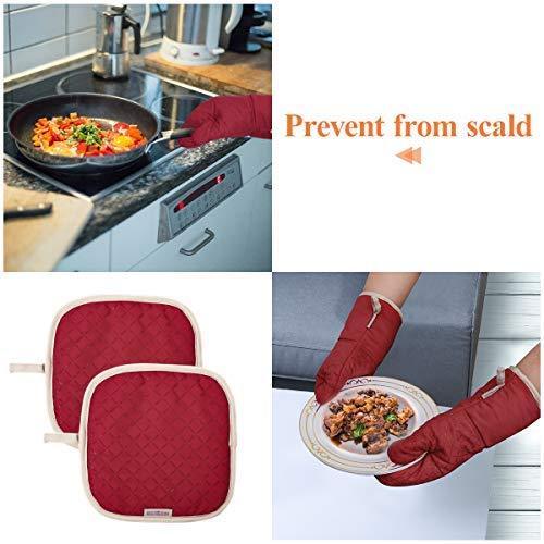 KES Kitchen Oven Mitts Set, Oven Mitts and Pot Holders, Heat Resistant with Quilted Cotton Lining, Non-Slip Surface 4 Pieces for Cooking, Baking, Grilling, Barbecue (Gray)