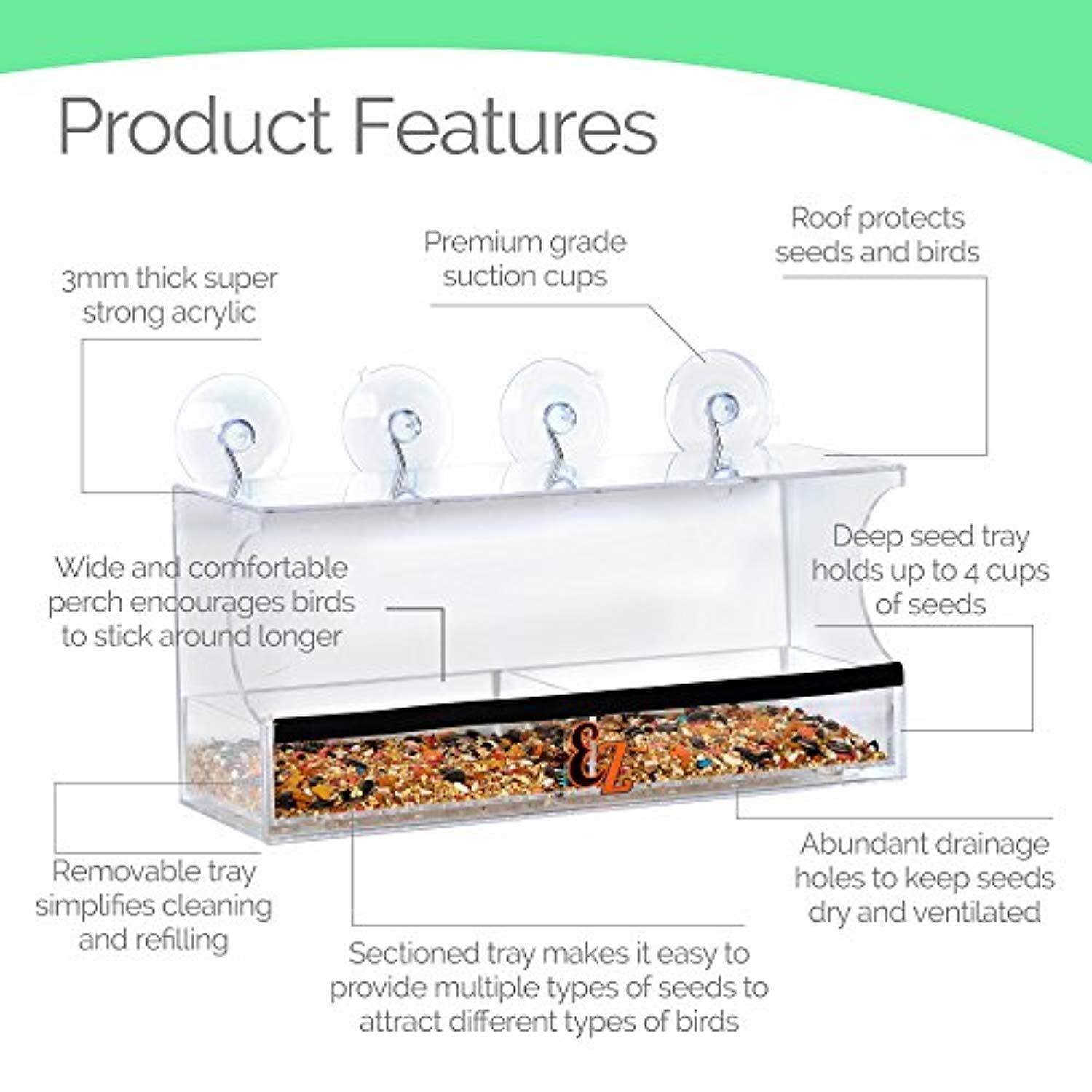 SUPERIOR Window Bird Feeder by Entirely Zen Includes Bonus Mirror Film, 5 Super Strong Suction Cups That Don't Fall; 100% Clear Outside Wild Bird Viewing, Cardinal, Bluebird, Large Bird Feeder