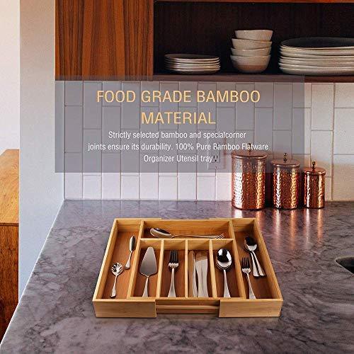 KaryHome  24-Piece Silverware  Set, Flatware Set Mirror Polished, Dishwasher Safe Service for 4, Include Knife/Fork/Spoon with Bamboo 5-Compartment Silverware Drawer Organizer Box
