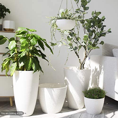 La Jolíe Muse Tall Planters Outdoor Indoor - Tree Planter 20 inch Modern White Flower Pots with Drainage Holes for Balcony Garden Patio Deck Resin Planters Pack 2