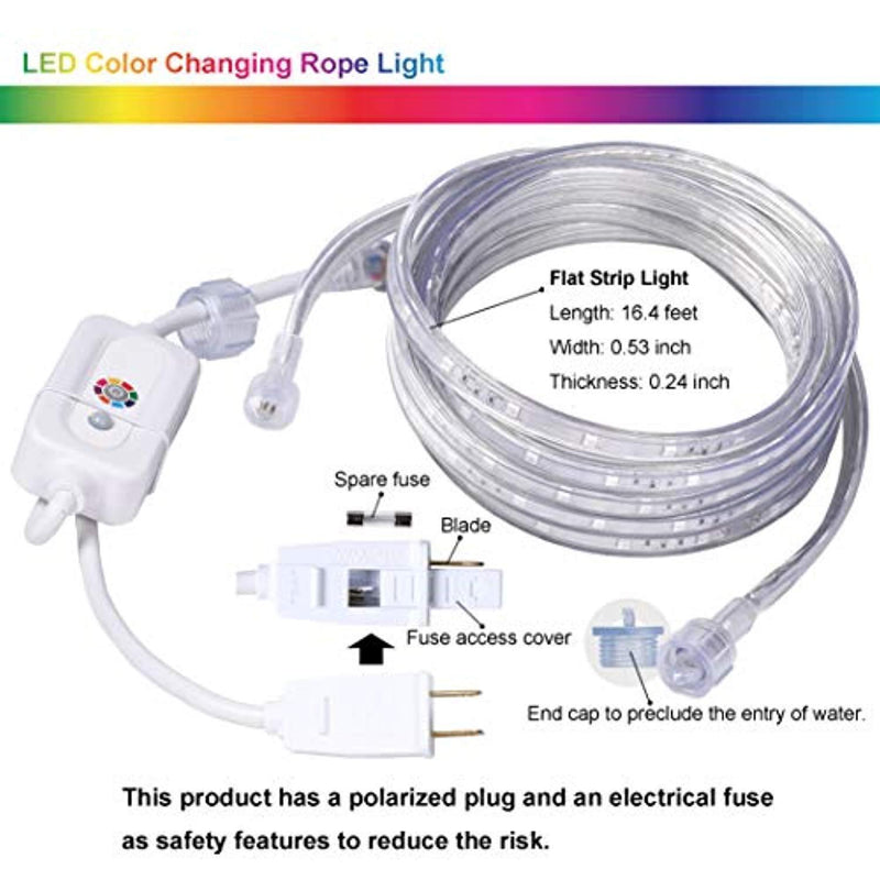 GREEN MORE 16.4 Feet Flat Flexible LED Rope Lights, Color Changing RGB Strip Light with Remote Control, 8 Colors Multiple Modes, Plug in Novelty Light, Connectable and Waterproof for Home Kitchen Outdoor Use