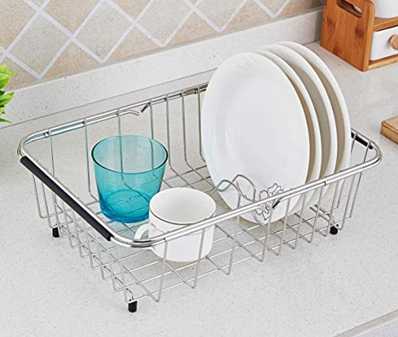 Expandable Dish Drying Rack Over The Sink Dish Rack for Kitchen in Sink or  On Counter Dish Drainer with Black Utensil Holder, Rustproof SUS304