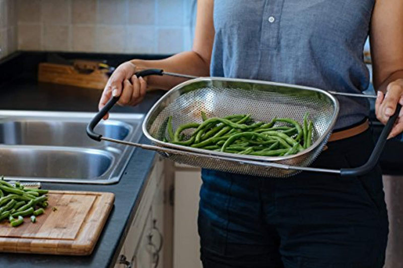 LiveFresh Over the Sink Micro-perforated Stainless Steel 4-Quart Colander with Non-Slip Handle Grips and Rubber Feet - Handles Extend to Fit Any Sink