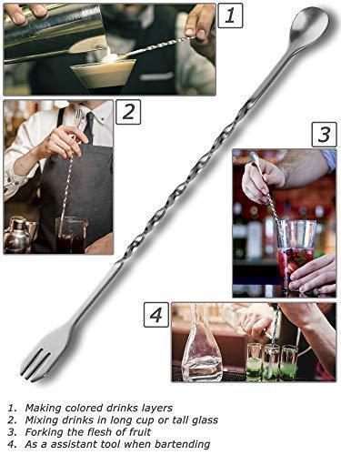 CMflower Stainless Steel Cocktail Mixing Spoon Garnish Fork 9 Inch Drink Muddler Fruit Masher Barware Tool Set for Mojito and Mint Julep in Bar Home Party