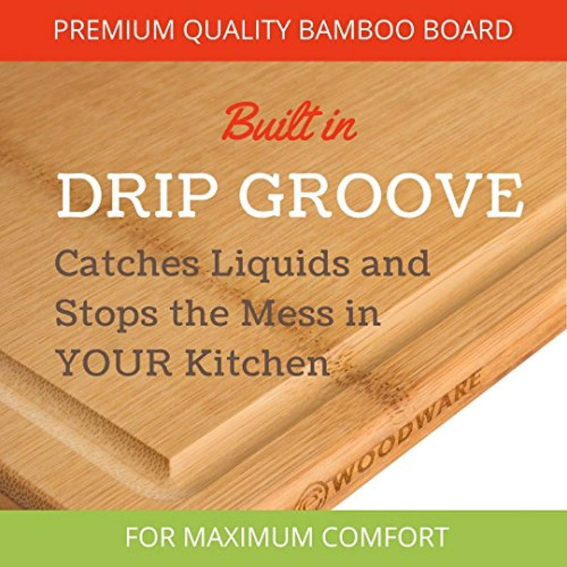 Natural Extra Large Bamboo Cutting Board with Drip Groove & Hand Grips, Healthy Organic Single Piece - Glue Free Chopping Board. XL 18X12 - Best Cutting Board for Kitchen. A Perfect Serving Tray. by Eco Woodware