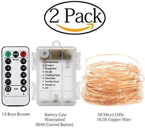 Lhomeled 2 Pack Led Fairy Lights Fairy String Lights Battery Operated Waterproof 8 Modes 50 LED 16.5ft String Lights Copper Wire Firefly Lights Remote Control Timer Halloween Christmas Lights Red