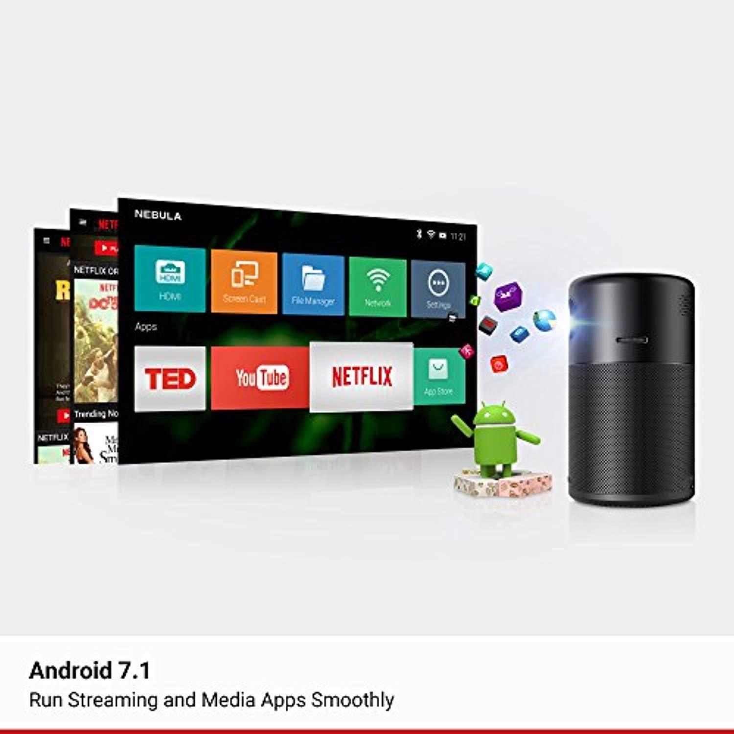 Nebula Capsule Smart Mini Projector, by Anker, Portable 100 ANHC lm High-Contrast Pocket Cinema with Wi-Fi, DLP, 360° Speaker, 100" Picture, Android 7.1, 4-Hour Video Playtime, and App