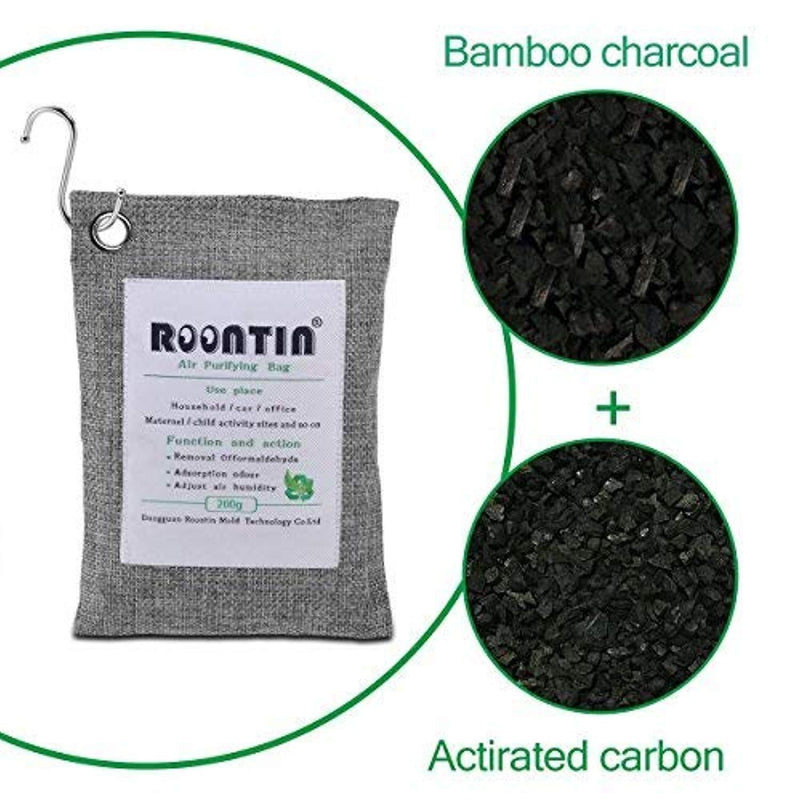 Roontin Air Purifying Bag, 4 Pack x 200G Bamboo Activated Charcoal Air Fresheners Deodorizer Odor Neutralizer Air Purifier Bags for Fridge, Cars, Kitchen, Bathroom, Closets, with 4 Hooks