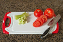 CC Boards 3-Piece Nonslip Cutting Board Set: Red and white plastic kitchen carving boards, each with juice groove and nonskid handle; dishwasher safe