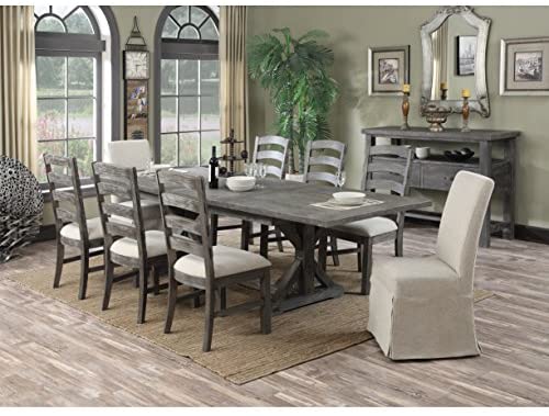 Emerald Home Furnishings Paladin Rustic Charcoal Gray Dining Table with Self Storing Butterfly Extension Leaf And Farmhouse Trestle Base